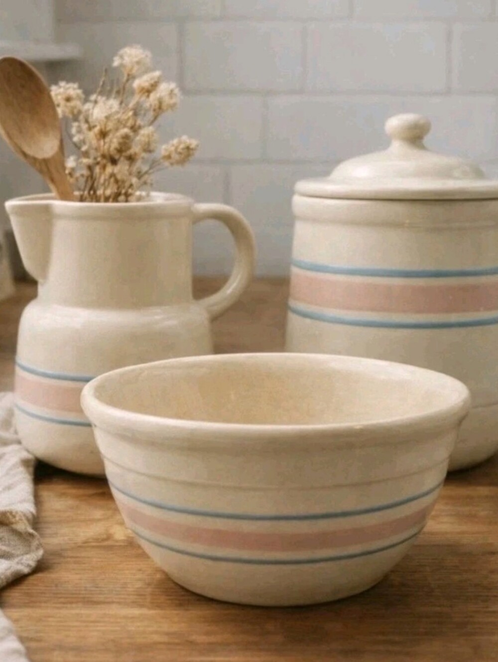 Vintage McCoy Set Mixing Bowl, CandleHolder Canister Pitcher Stripes Cottage